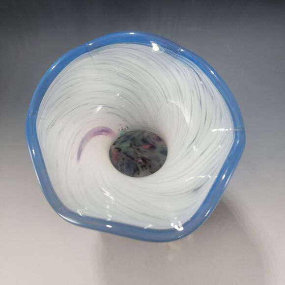 Signed Art Glass Vase Cased Clear Confetti White Swirl Blue Crest Amethyst Pink - Picture 5 of 10